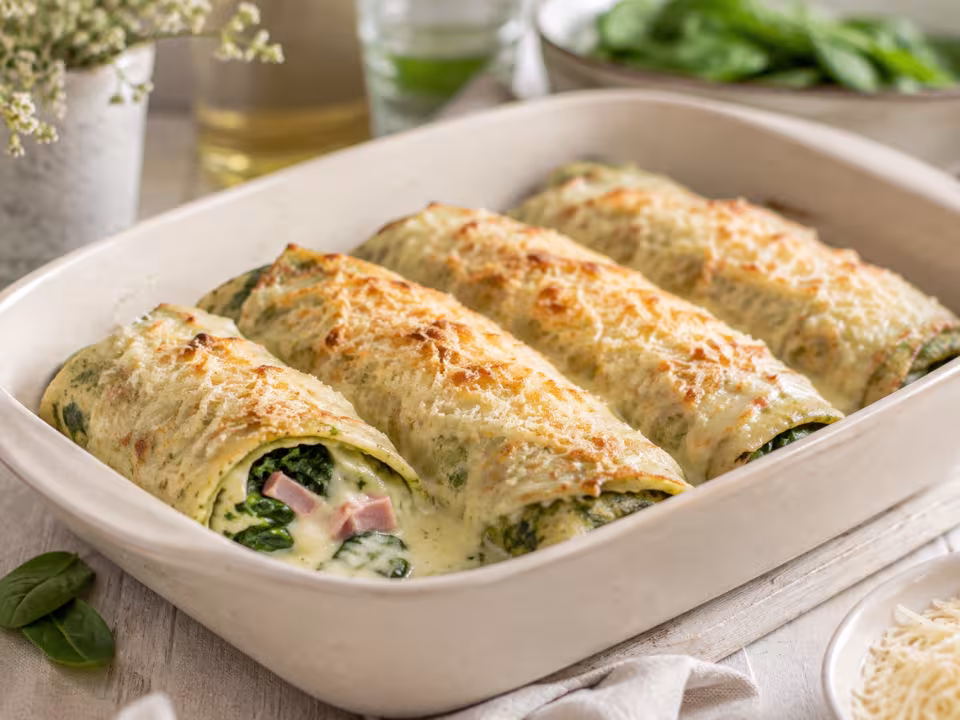 Baked spinach and ham cr&ecirc;pes served with a natural homemade finish