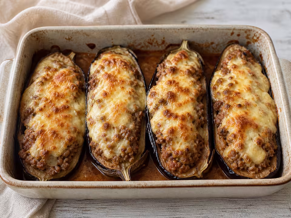 Meat-stuffed aubergines with b&eacute;chamel served with a natural homemade finish