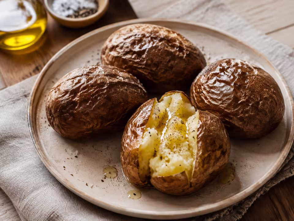 Patatas asadas enteras en freidora de aire servido con un acabado casero y natural