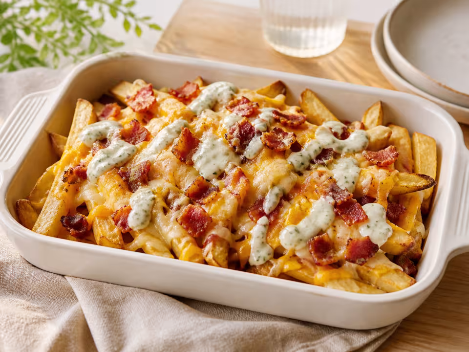 Loaded air-fryer chips with bacon, cheese and ranch sauce with a natural home-style presentation