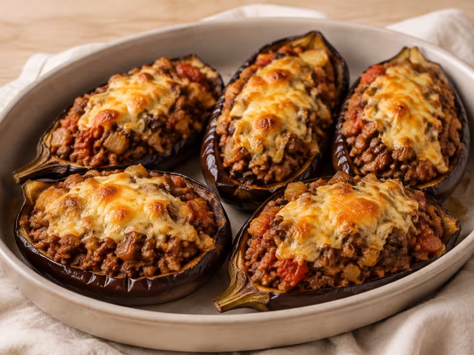 Air-fryer meat-stuffed aubergines with a natural home-style presentation