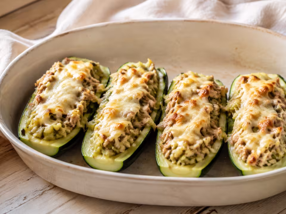 Calabacines rellenos de at&uacute;n y queso en freidora de aire con presentaci&oacute;n casera y natural