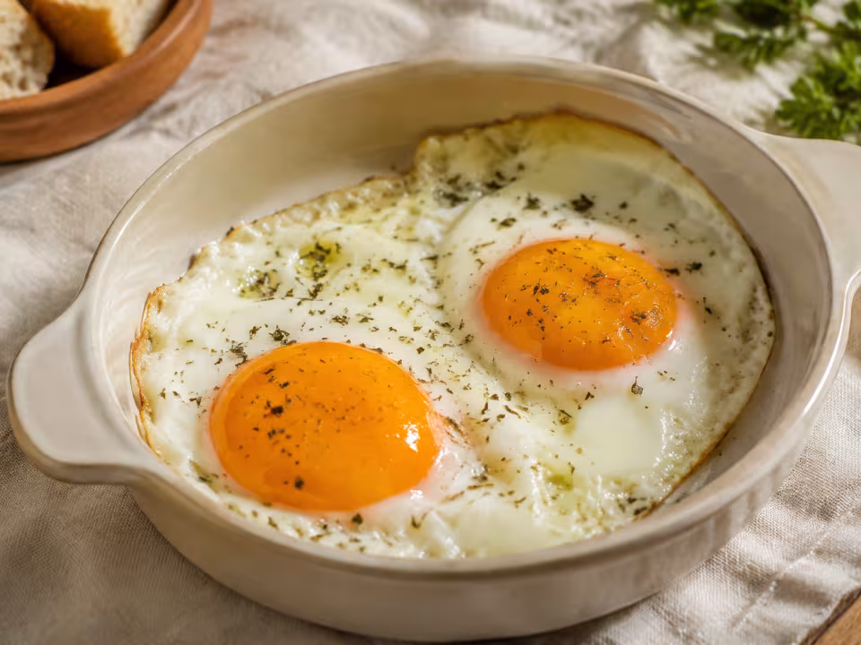 Air-fryer sunny-side eggs with a natural home-style presentation