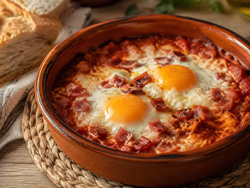 Air-fryer baked eggs with serrano ham with a natural home-style presentation