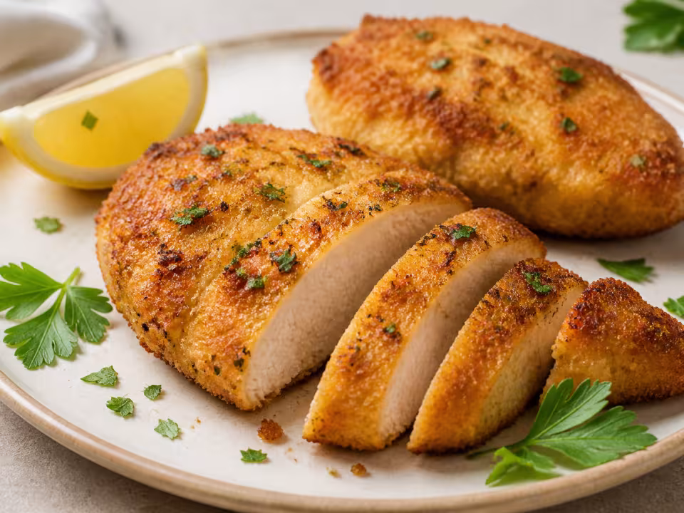 Crispy breaded chicken in the air fryer with a natural home-style presentation