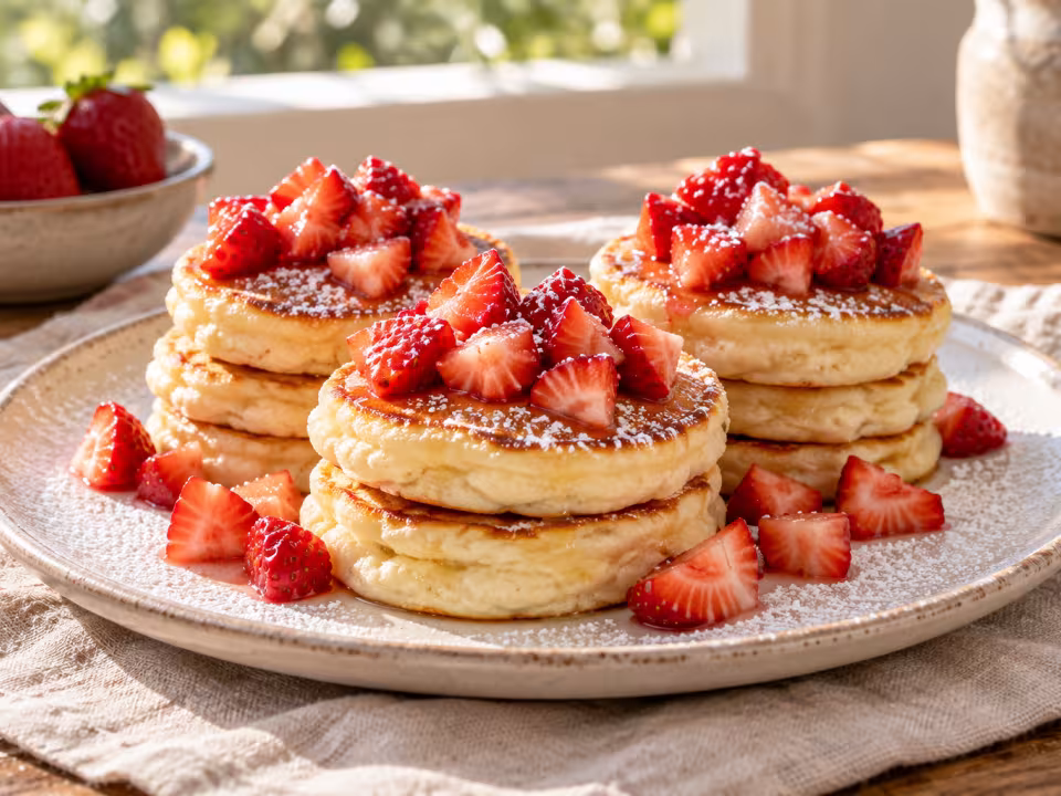 Tortitas de yogur con fresas servido y listo para comer