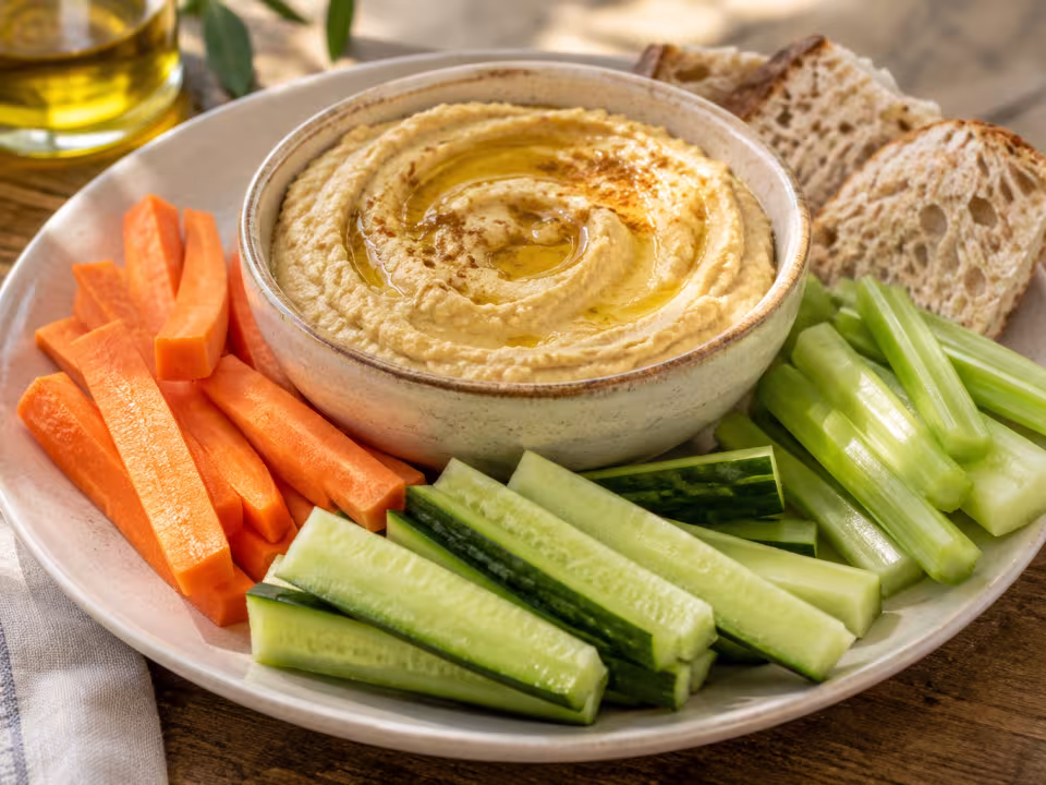Hummus con bastones de zanahoria, pepino y apio · plato terminado
