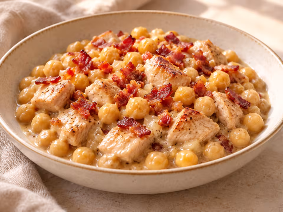 Creamy chickpeas with chicken pieces and crispy bacon in an ivory bowl