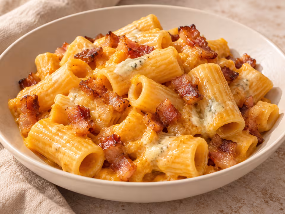 Rigatoni with roasted pumpkin and Gorgonzola sauce and golden guanciale strips