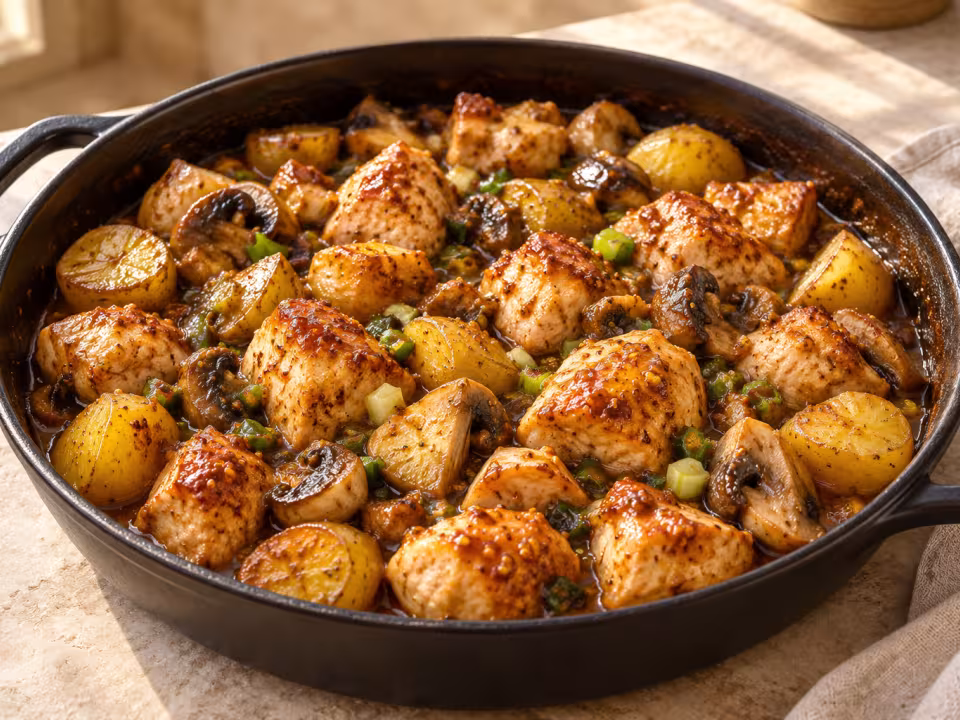 Dados de pollo al horno con patatas pequeñas y champiñones en salsa de Pedro Ximénez en una cazuela negra