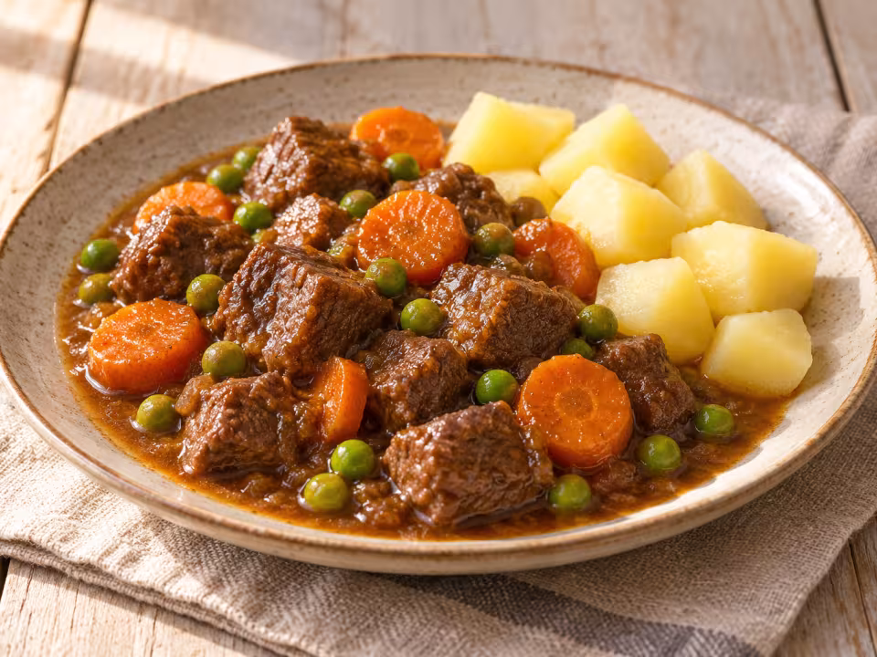 Beef stew with steamed potatoes in the Thermomix, finished dish
