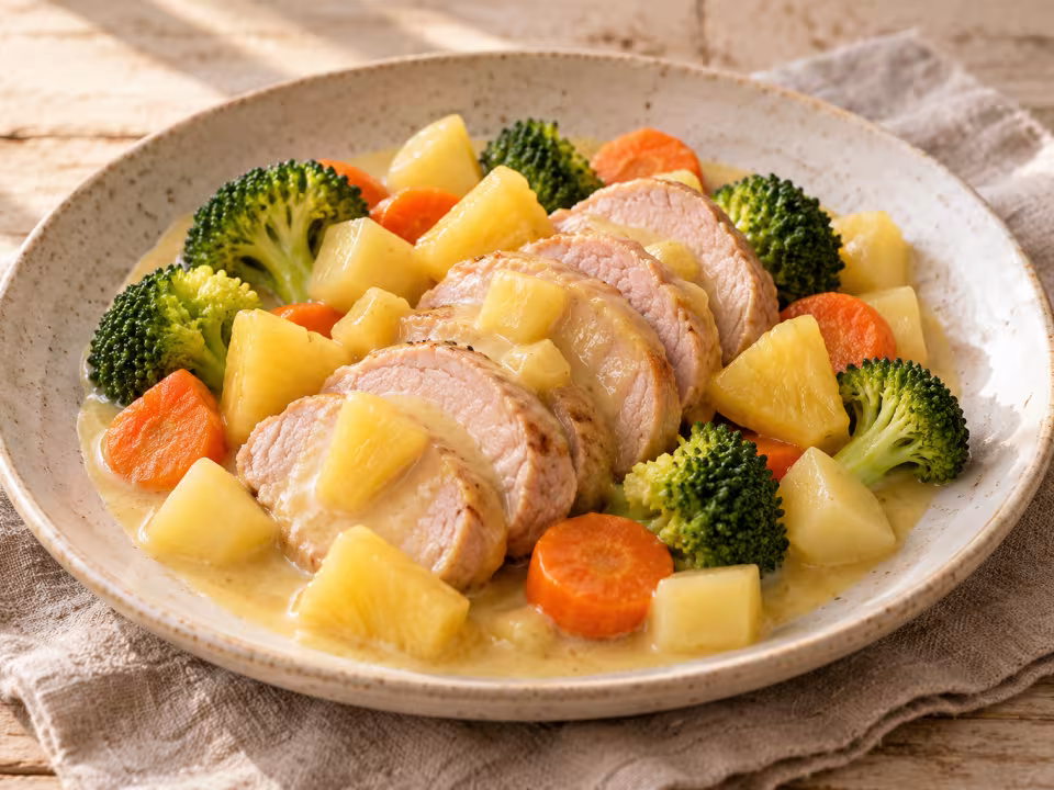 Solomillo de cerdo con pi&ntilde;a y verduras en Thermomix, plato terminado