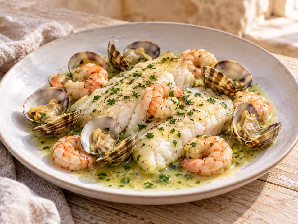 Steamed turbot with clams and prawns in the Thermomix, finished dish