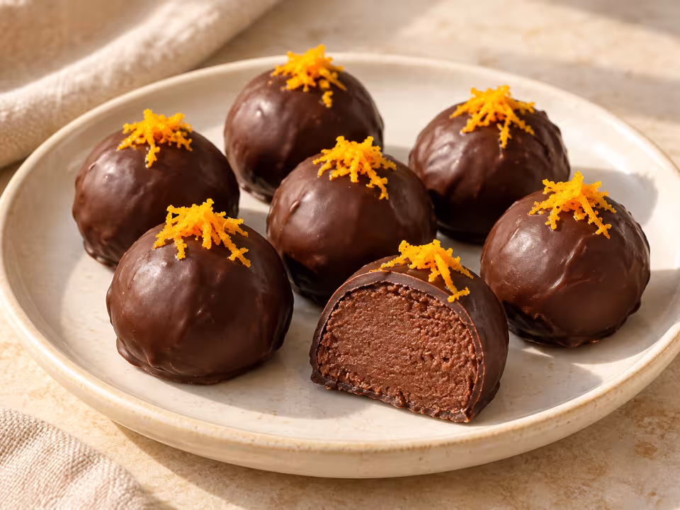 Chocolate truffles topped with orange zest, with one cut open to show the chocolate and almond filling