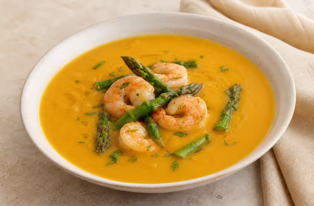 Crema de calabaza con gambas y esp&aacute;rragos trigueros