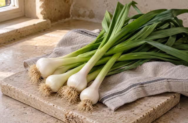 Ajos tiernos frescos, detalle del ingrediente