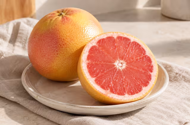 Pomelo rosa entero y cortado por la mitad