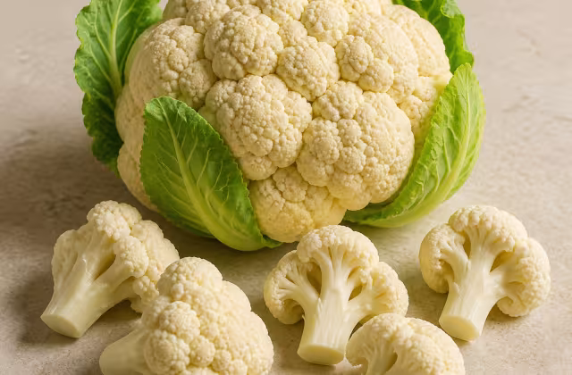 Coliflor fresca entera y varios floretes sobre una superficie clara