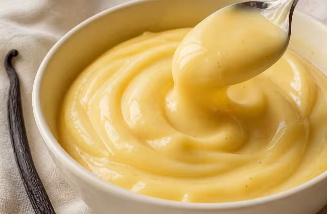 Crema cocida de leche, yema y almidón, suave y estable para rellenar postres.