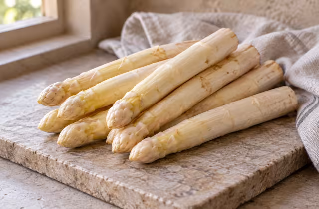 Espárragos blancos frescos frescos, detalle del ingrediente