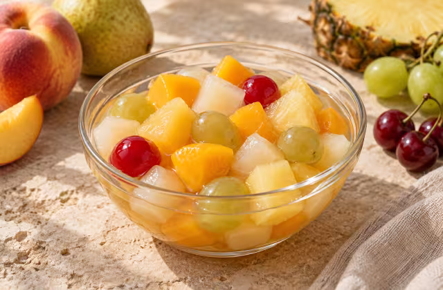 Macedonia de frutas en almíbar en una presentación natural