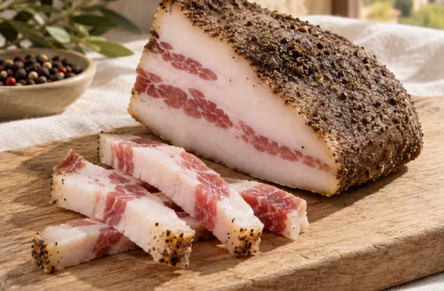 Pieza de guanciale curado y tiras sobre una tabla