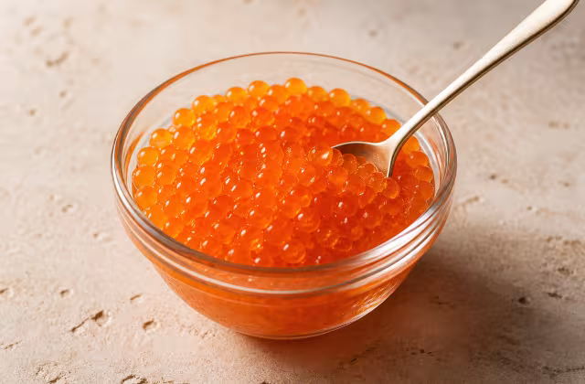 Huevas de salmón naranjas en un pequeño cuenco de cristal