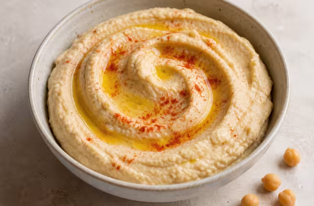 Hummus cremoso con garbanzos, aceite de oliva y pimentón