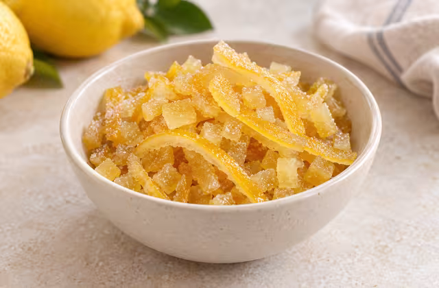 Sweet candied lemon peel as an ingredient