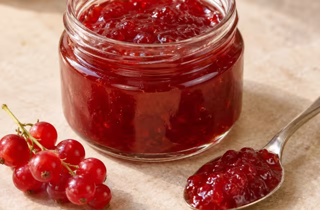 Tarro de mermelada de grosella roja con una cucharilla
