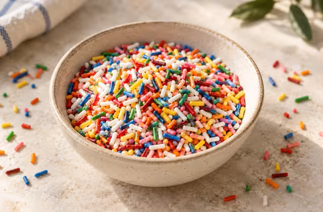 Fideos de azúcar de colores sobre una superficie de cocina, sin envase
