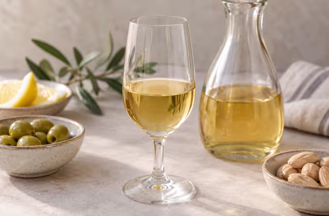 Manzanilla sherry on a clean surface without packaging