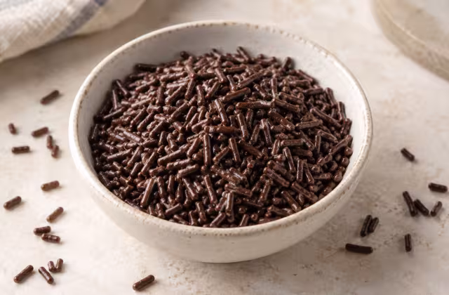 Chocolate sprinkles on a kitchen surface without packaging