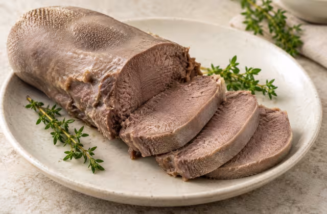 Lengua de ternera cocida sobre una superficie de cocina, sin envase