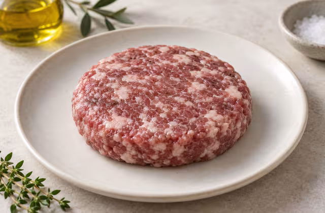 Hamburguesa de cerdo ibérico sobre una superficie limpia, sin envase