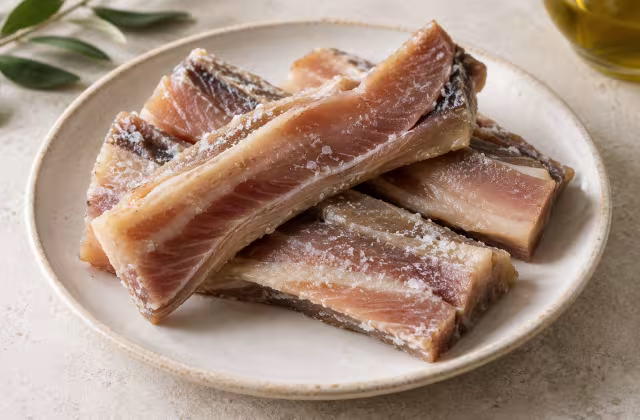 Salted tuna belly on a kitchen surface without packaging