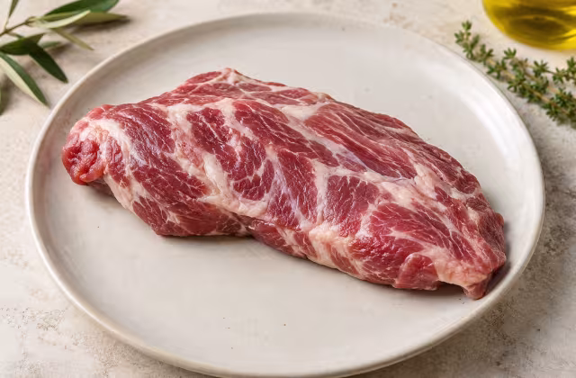 Presa de cerdo ibérico sobre superficie de cocina, sin preparar