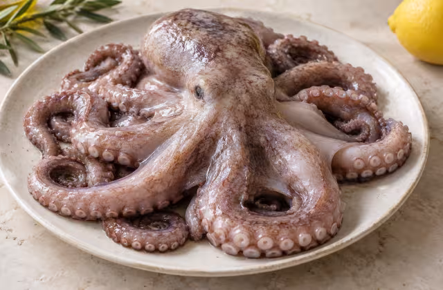 Pulpo crudo sobre superficie de cocina, sin preparar