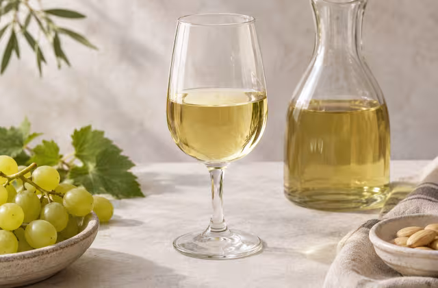 Vino fino de Montilla-Moriles sobre una superficie limpia, sin envase