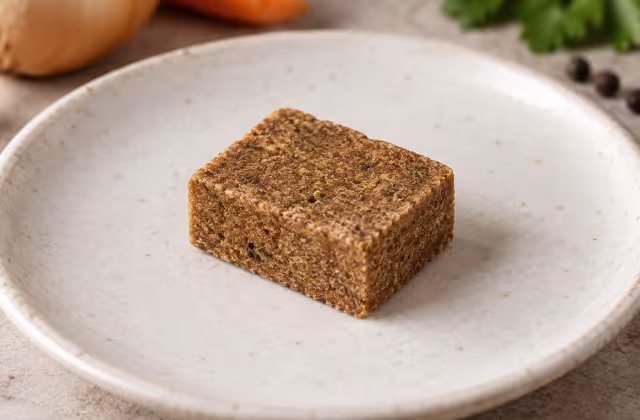 Pastilla de caldo de carne sobre una superficie de cocina, sin envase