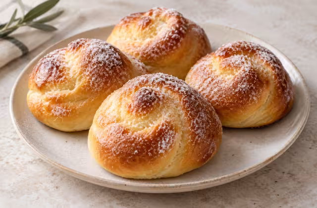Bollos suizos sobre superficie de cocina, sin preparar