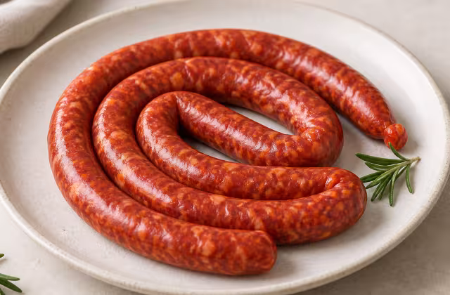 Embutido fresco y fino de cerdo, condimentado con pimentón y ajo, de sabor intenso.