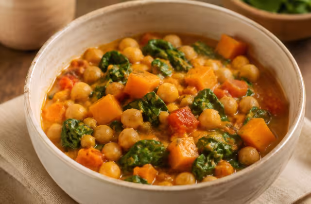 Guiso de garbanzos y calabaza al curry servido y listo para comer