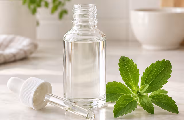Stevia líquida presentado sobre un fondo claro