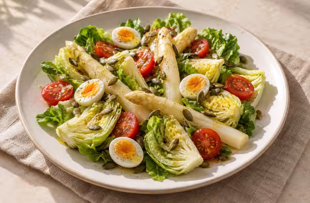 Ensalada de cogollos y espárragos con huevos de codorniz servido