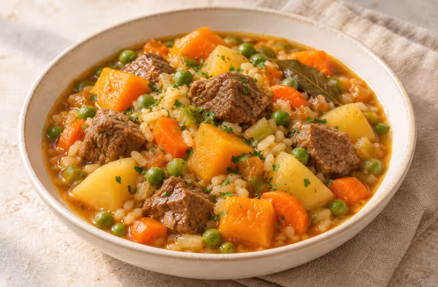 Carbonada de ternera con calabaza, patata y arroz servido