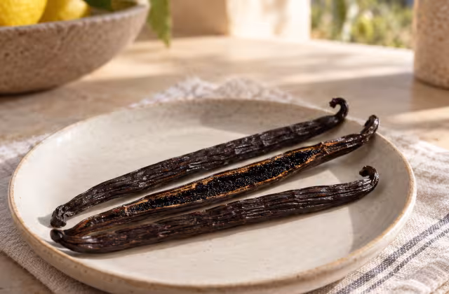 Natural vanilla pods, one split to show its seeds