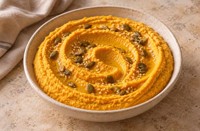 Hummus de calabaza dorado con aceite de oliva, sésamo y semillas de calabaza en un cuenco marfil