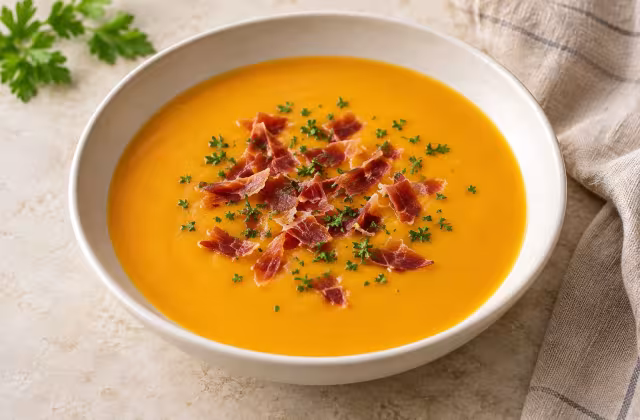 Crema de calabaza y arroz con virutas de jam&oacute;n, presentaci&oacute;n casera del plato terminado