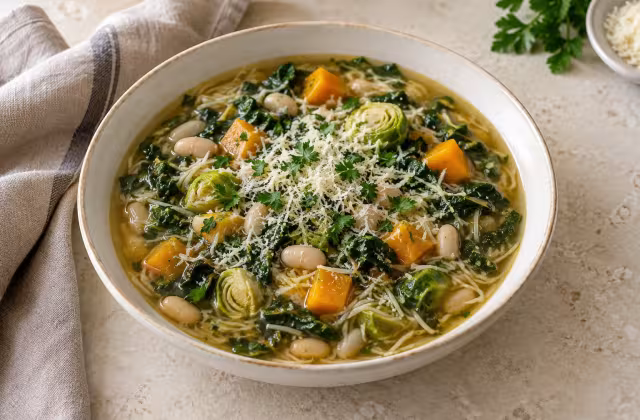 Sopa de invierno con alubias, fideos y verduras, presentaci&oacute;n casera del plato terminado